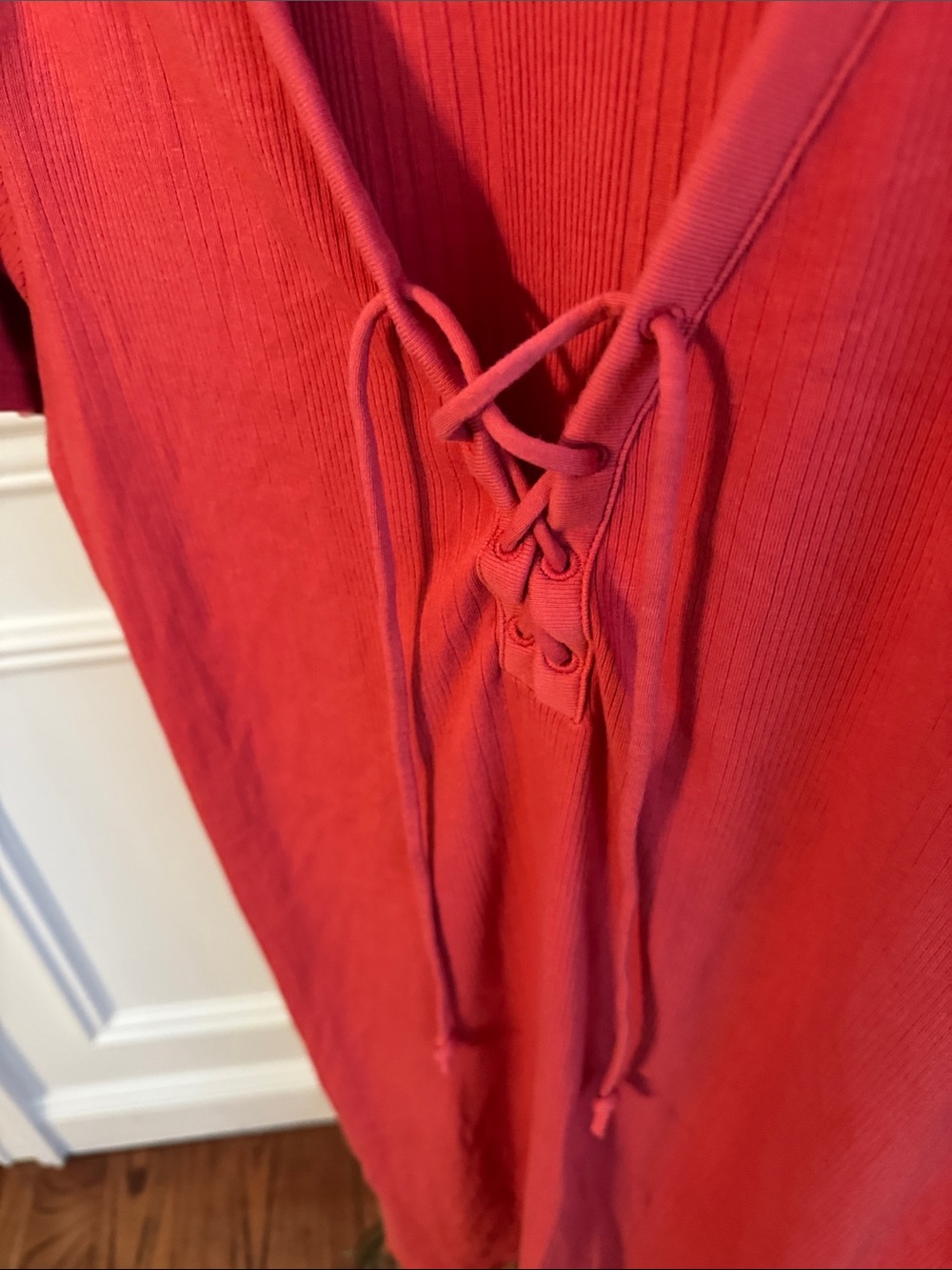Universal Thread Red Ribbed Lace-Up V-Neck Mini Dress - Picture 3 of 4